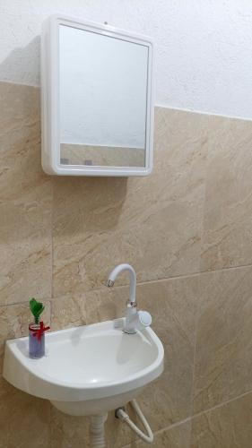a bathroom sink with a mirror on the wall at Suites in Domingos Martins