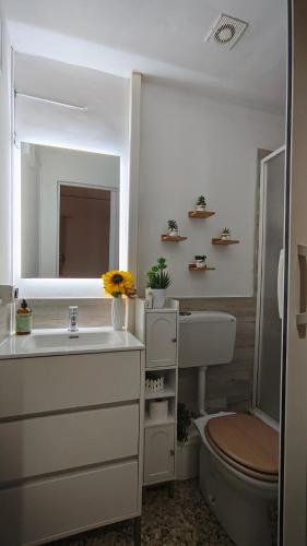 a bathroom with a sink and a toilet and a mirror at Portobello Appartamento 3 camere 3 bagni in Taranto