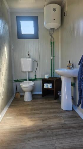 a bathroom with a toilet and a sink at Camping Schlaffass Naima in Burg