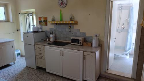 a kitchen with a counter and a sink and a refrigerator at Il Nido nel Borgo in Piediluco