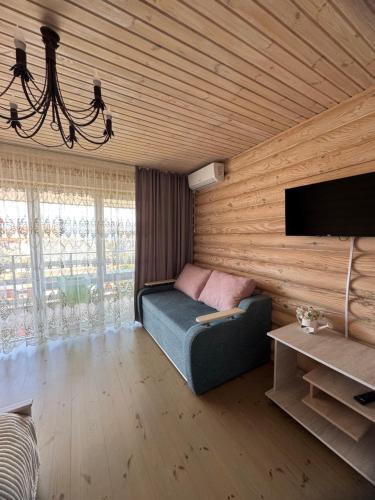a living room with a couch and a flat screen tv at Смерекова хата in Zatoka