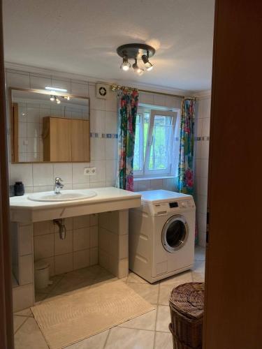a bathroom with a sink and a washing machine at Haus Wäscher in Hirschegg