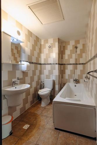 a bathroom with a sink and a tub and a toilet at Hanul Moara cu Noroc in Ineu