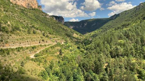 an aerial view of a mountain valley with trees at La Caze in Saint-Pierre-des-Tripiers