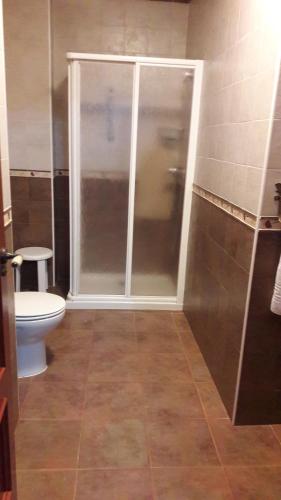 a bathroom with a shower and a toilet at Apartamentos Alejandra in Gargantilla