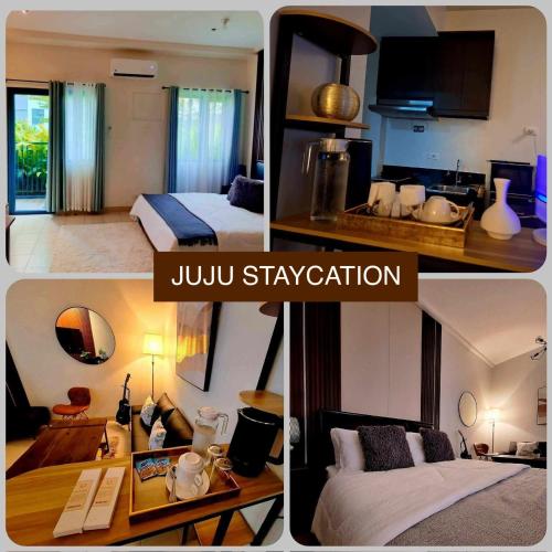 a collage of four pictures of a hotel room at Hills Residences by JuJu Staycation in Manila