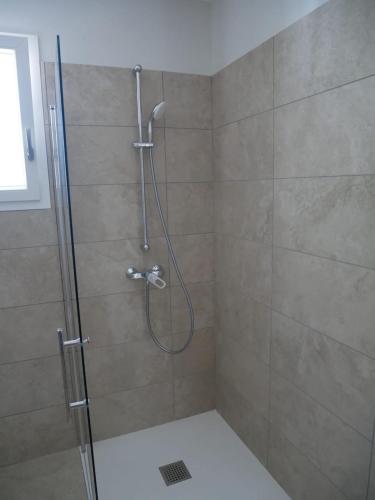 a shower with a glass door in a bathroom at Studios Saint Mau 4 in Saint-Maurice-de-Gourdans