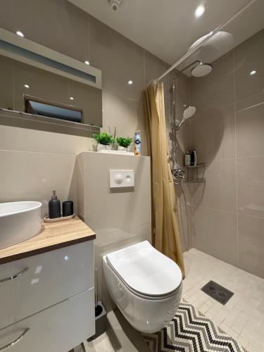 a bathroom with a toilet and a sink at Pakarklių sodyba in Anykščiai