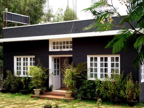 a black house with white windows and plants at The Black Magic Cottage in Ooty