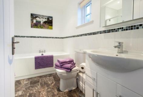 een witte badkamer met een wastafel en een toilet bij Milntown Self Catering Apartments in Ramsey