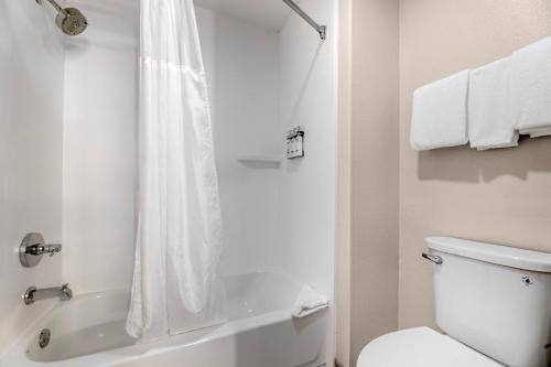 a white bathroom with a shower and a toilet at Holiday Inn Express Deforest Madison Area by IHG in De Forest