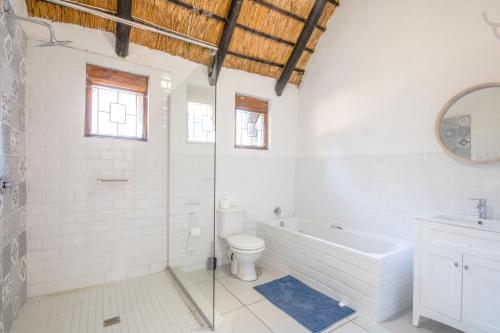 a bathroom with a toilet and a tub and a sink at Ambleside Cottage in Underberg