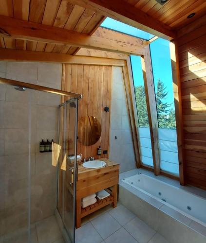 a bathroom with a shower and a sink and a tub at Glamping Vulcanche in Villa Traful