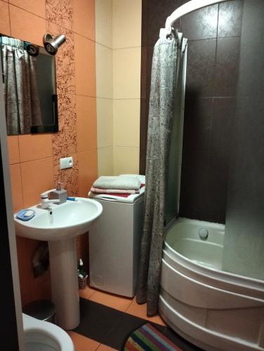 a bathroom with a sink and a toilet and a shower at Apartment on 8 Marta in Mykolaiv