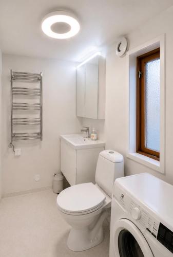 a white bathroom with a toilet and a washing machine at Sjönära stuga in Norrtälje