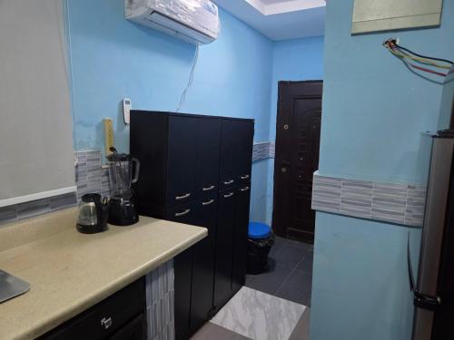 a kitchen with black cabinets and a blue wall at TwinVilleCove, affordable villas located in Ajah in Aja