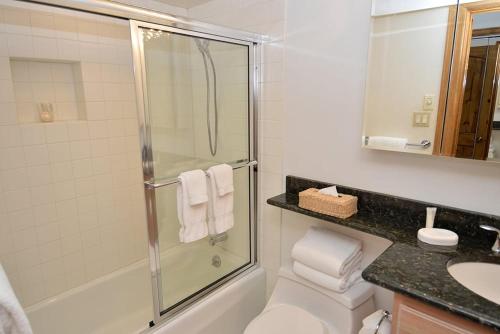 a bathroom with a shower and a toilet and a sink at Chateau Dumont Unit 10, Centrally Located Condo, 1 Block from the Gondola in Aspen