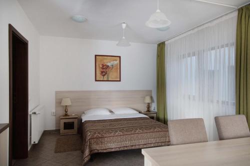a hotel room with a bed and two chairs at Pensiunea Encian in Colibiţa