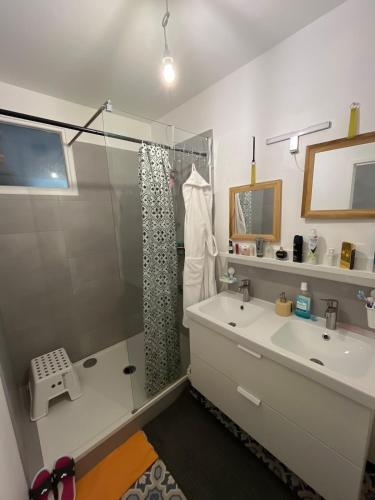 a bathroom with a glass shower and a sink at Superbe appart chic & élegant 2ch - 6 pers in Deuil-la-Barre