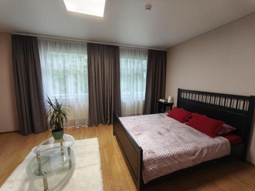 a bedroom with a bed with red pillows and a table at Baltakmeņu muiža in Mujani