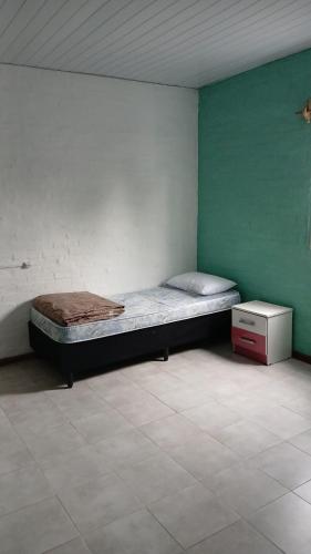 a bed in a room with a green wall at Olivia in Paysandú