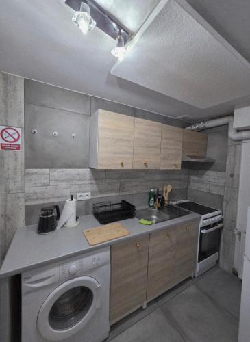 a kitchen with a sink and a washing machine at Rosa in Rydułtowy