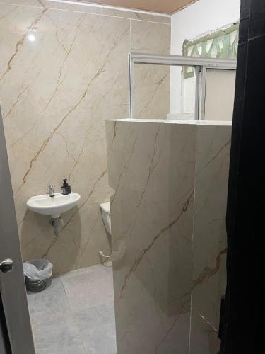 a bathroom with a sink and a toilet and a shower at Hotel Casa Molina in Coveñitas