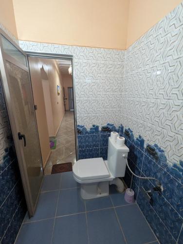 a bathroom with a toilet and a shower with blue tiles at Sahara Desert Apartment with Camel Tours & Free WiFi in Merzouga