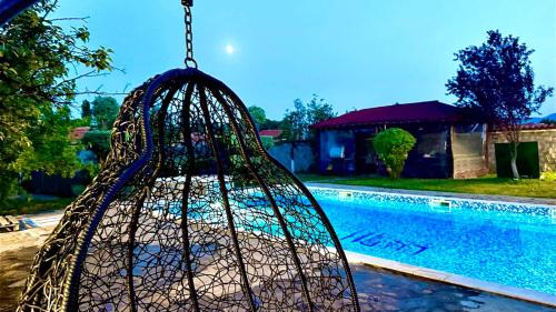 a bird cage hanging next to a swimming pool at Divna Pool&Garden 