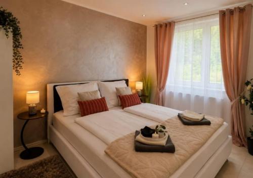 a bedroom with a large white bed with a window at Deea Apartment in Schottwien