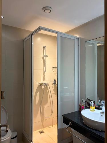 a bathroom with a shower and a sink at Best Sea View in Morocco in Sidi Bouqnadel