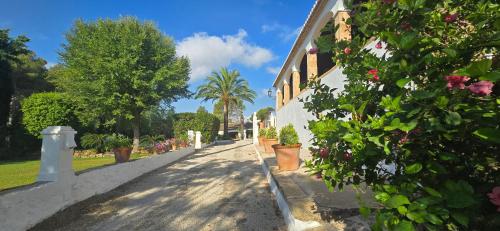 a street with flowers and plants on the side of a building at Mezquida del puerto in Jávea