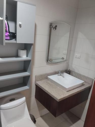 a bathroom with a sink and a toilet and a mirror at Departamento 68 river 2 in Guayaquil