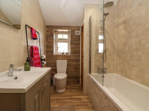a bathroom with a toilet and a sink and a shower at 1 Church Barns in Great Driffield