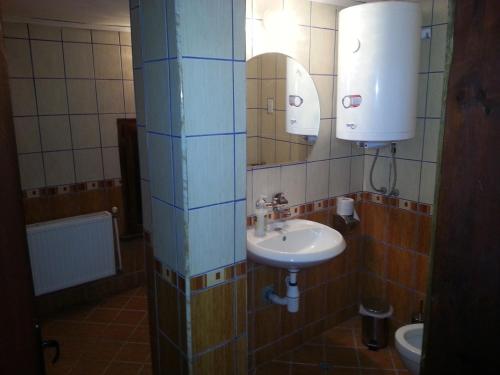 bagno con lavandino e specchio di Guest House Drakite a Belogradchik