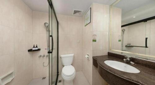 a bathroom with a toilet and a sink and a shower at Zhenxing Hotel in Shenzhen