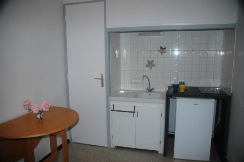 a small kitchen with a sink and a table at Petite Chouette in Salses-le-Chateau