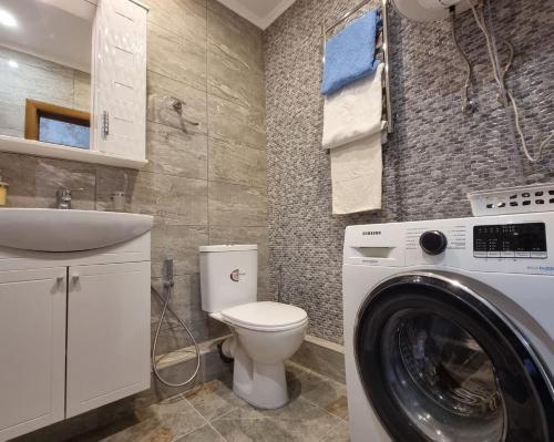 a bathroom with a washing machine and a sink at Апартаменти з Панорамним Краєвидом на Озеро in Kyiv