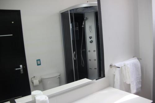 a bathroom mirror with a sink and a toilet at Hotel Dluxe in San Juan de los Lagos