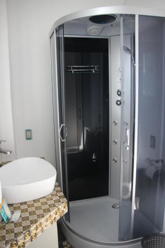 a bathroom with a shower and a sink at Hotel Dluxe in San Juan de los Lagos