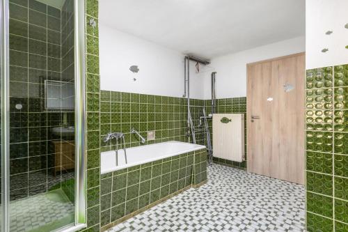 a green tiled bathroom with a tub and a shower at Fleischmannhof Do san ma dahoam in Falkenstein