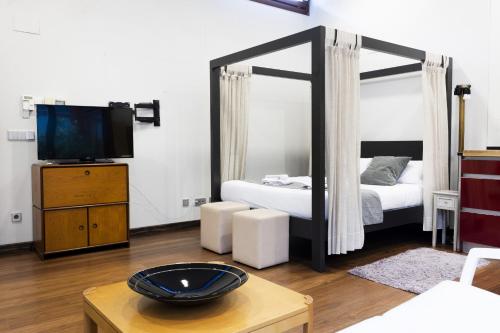 a room with a mirror and a bed and a tv at Loft by Basquelidays in Hondarribia