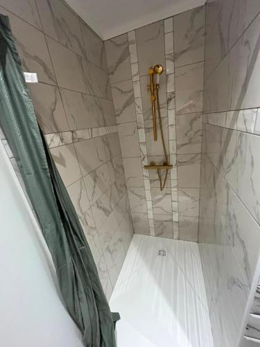 a bathroom with a shower with a shower curtain at Le Rococo f2 climatisé plein centre in Monistrol-sur-Loire