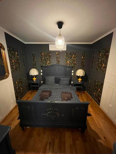 a bedroom with a black bed and two lamps at Le Rococo f2 climatisé plein centre in Monistrol-sur-Loire