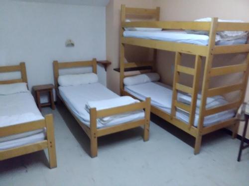 a room with three bunk beds and a bed and a ladder at Cap Verb Guillestre in Guillestre