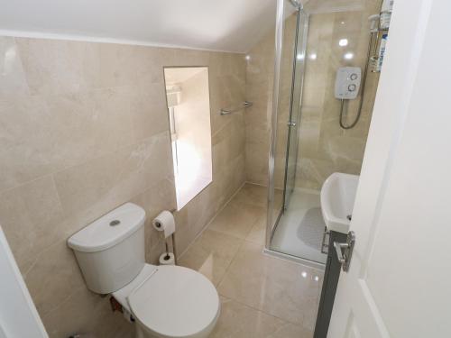 a bathroom with a toilet and a shower at Greenfield House in Aghavas