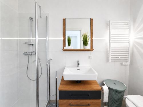 a bathroom with a sink and a shower at Bergzauber am Semmering in Semmering