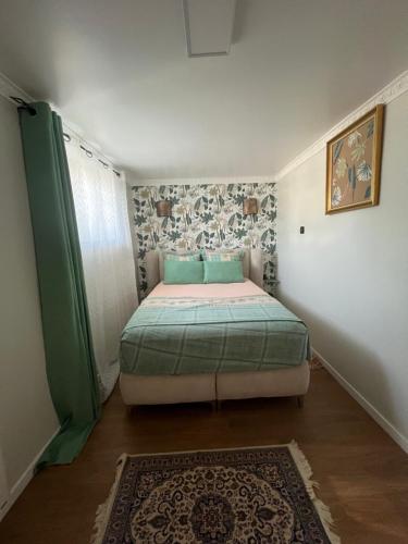 a bedroom with a bed in a room with a rug at Entre Paris et Normandie in Mantes-la-Ville