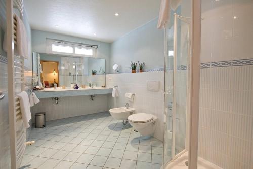 a bathroom with a toilet and a sink and a shower at Vitalhotel Sonneneck in Hohegeiß
