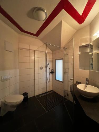 a bathroom with a shower and a toilet and a sink at Hotel & Restaurant Brühler Hof in Wintrich